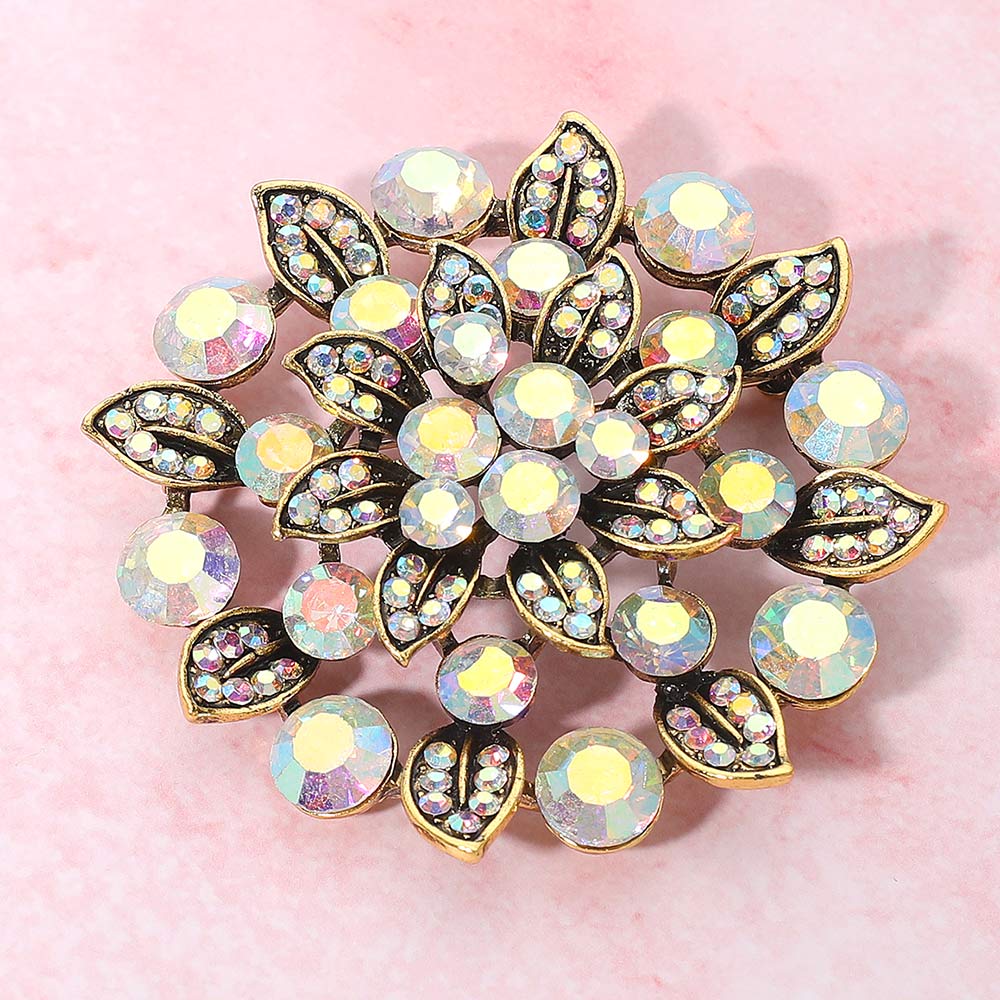 Madeline Love AB, Gold Rhinestone Embellished Elegant Floral Pin Brooch - Brooches