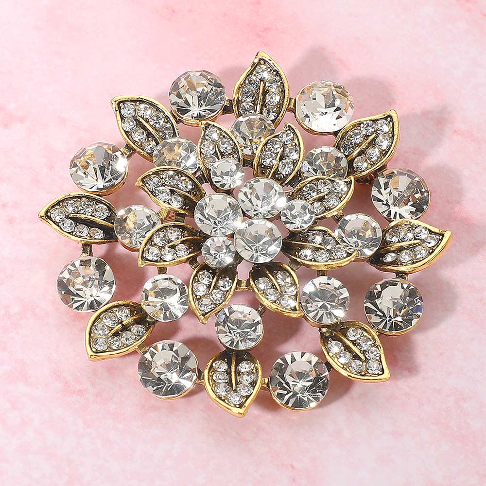 Madeline Love Clear, Gold Rhinestone Embellished Elegant Floral Pin Brooch - Brooches