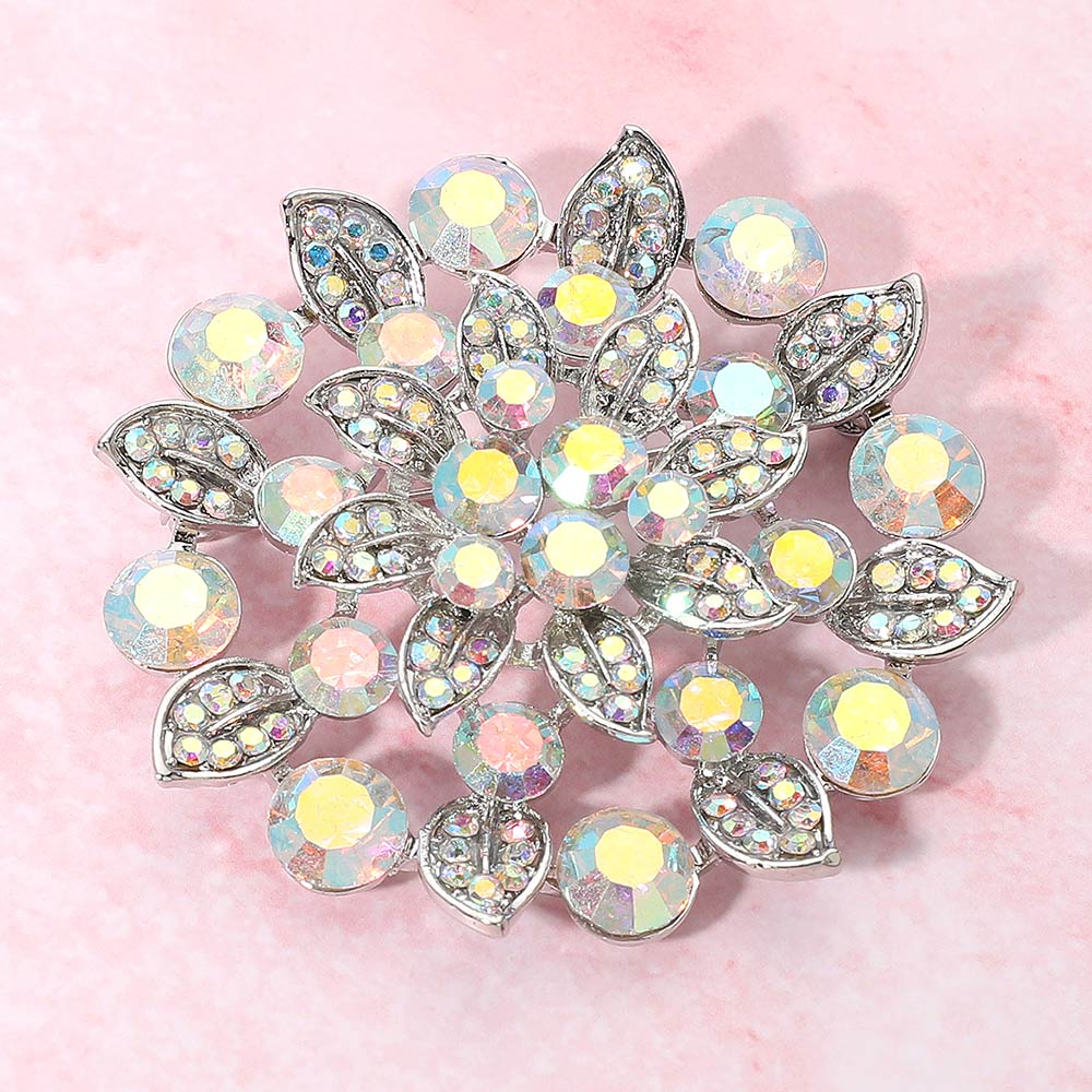 Madeline Love AB, Silver Rhinestone Embellished Elegant Floral Pin Brooch - Brooches