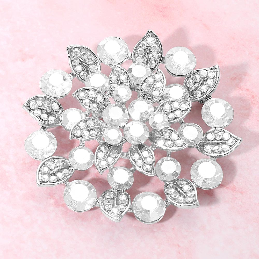Madeline Love Clear, Silver Rhinestone Embellished Elegant Floral Pin Brooch - Brooches