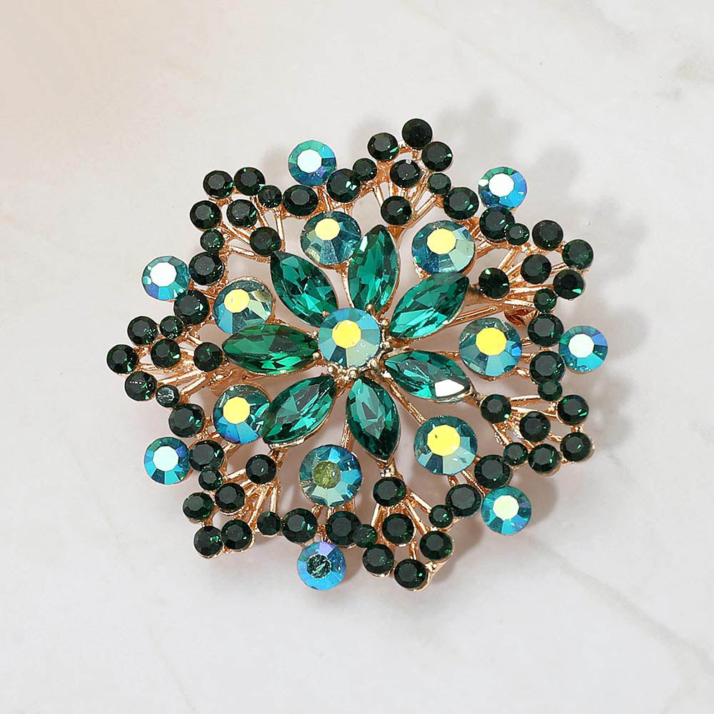 Madeline Love Emerald Floral Rhinestone Cluster Pin Brooch - Brooches