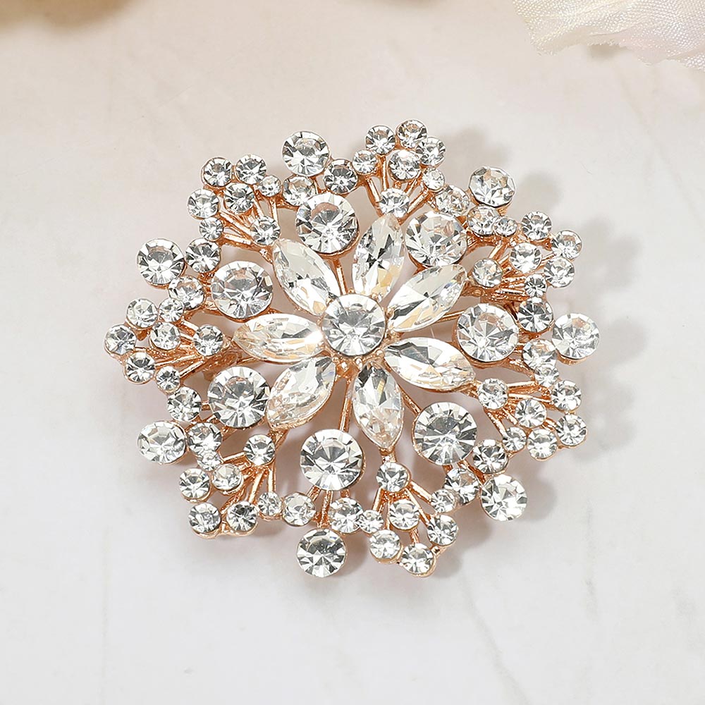 Madeline Love Clear, Gold Floral Rhinestone Cluster Pin Brooch - Brooches