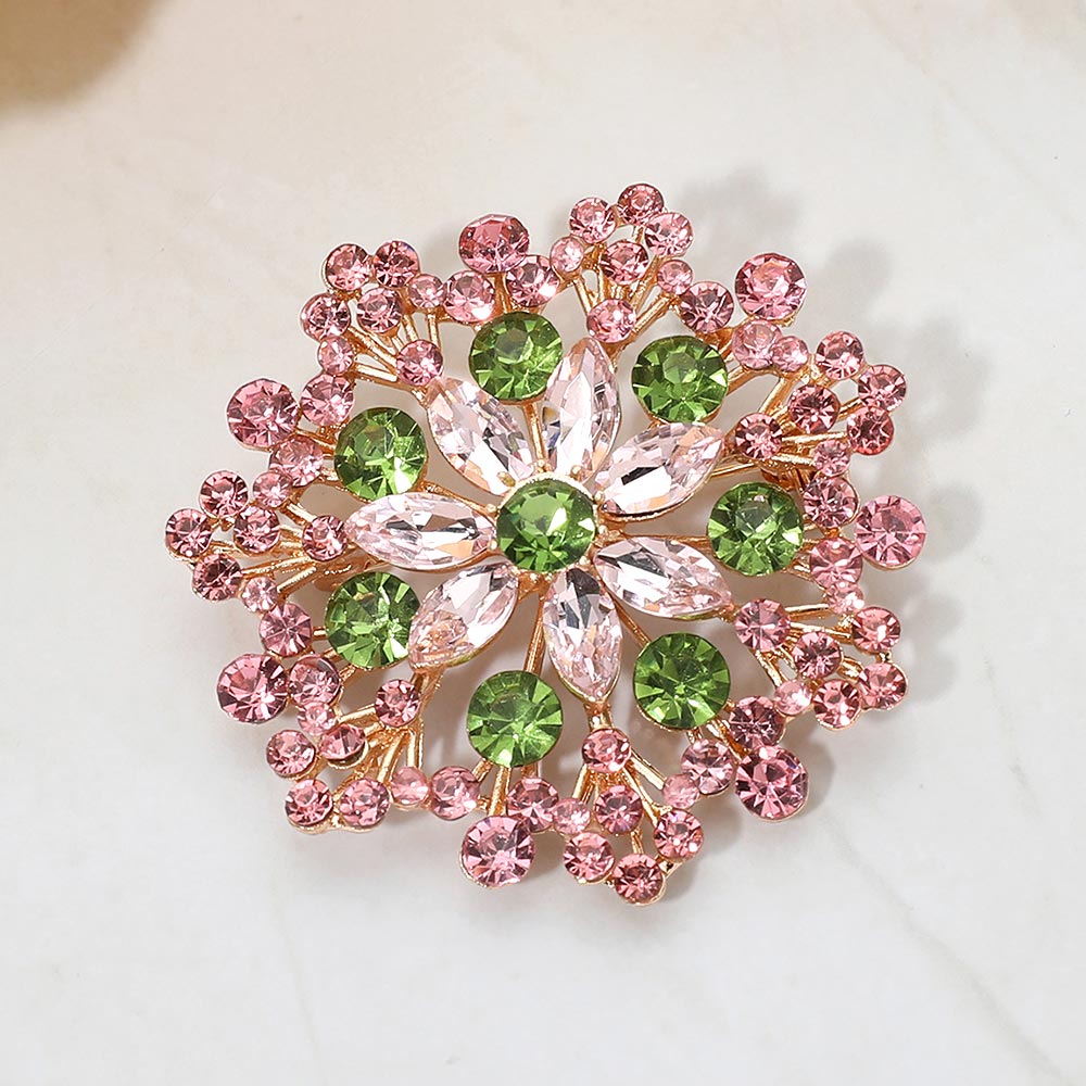 Madeline Love Pink&Green Floral Rhinestone Cluster Pin Brooch - Brooches