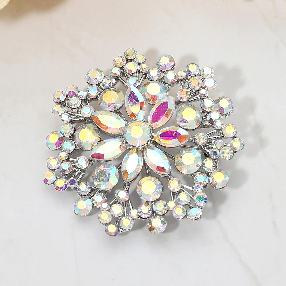 Madeline Love AB, Silver Floral Rhinestone Cluster Pin Brooch - Brooches