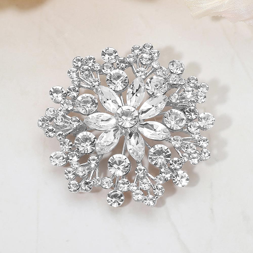 Madeline Love Clear, Silver Floral Rhinestone Cluster Pin Brooch - Brooches