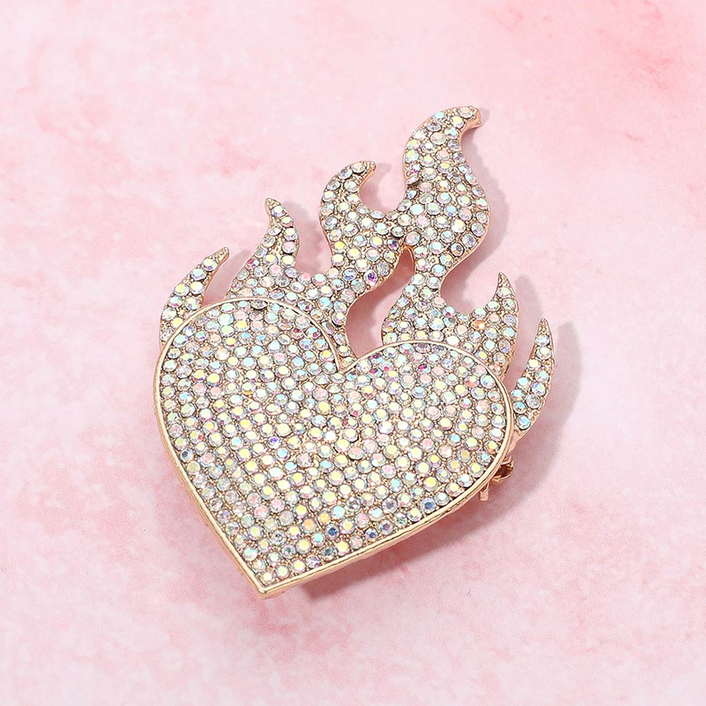 Madeline Love AB, Gold Rhinestone Pave Flame Heart Pin Brooch - Brooches