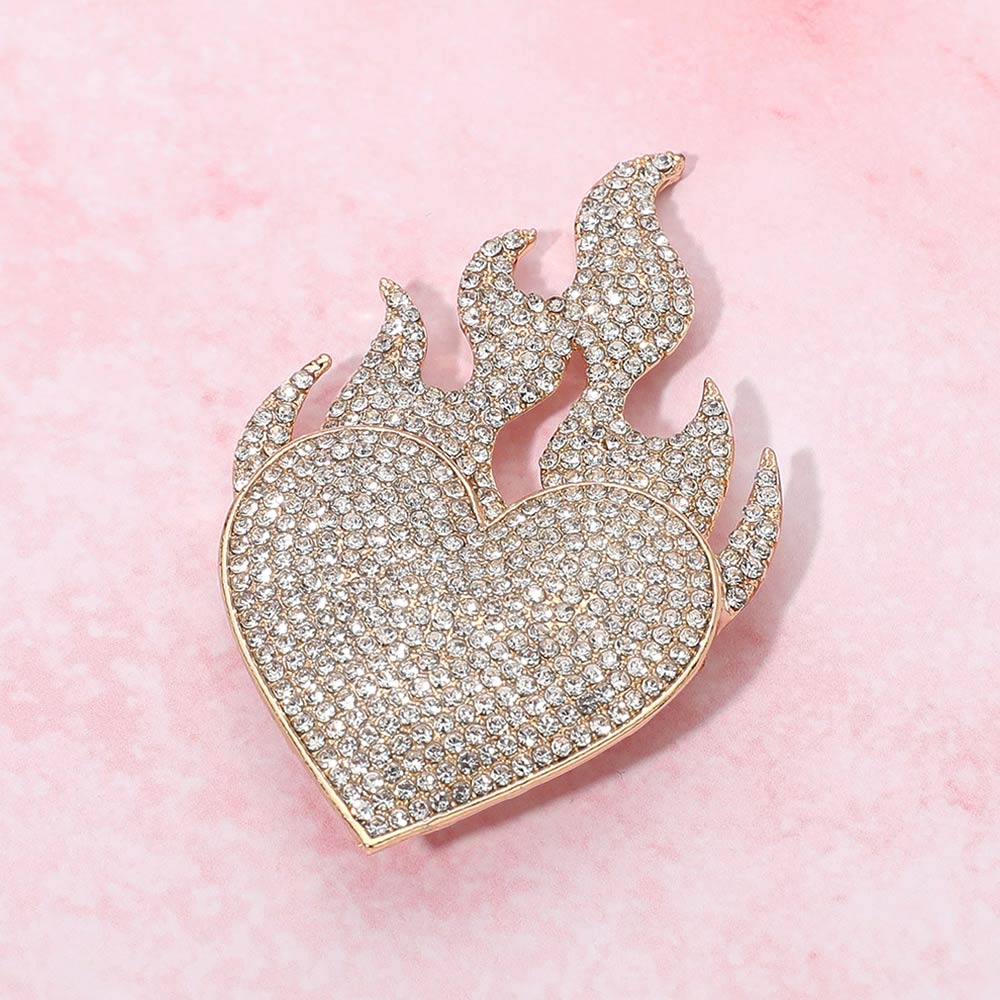 Madeline Love Clear, Gold Rhinestone Pave Flame Heart Pin Brooch - Brooches