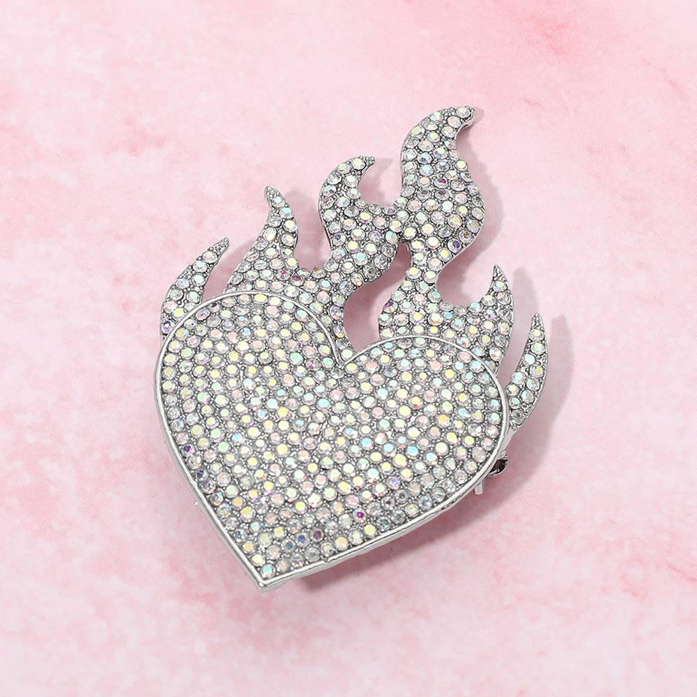 Madeline Love AB, Silver Rhinestone Pave Flame Heart Pin Brooch - Brooches
