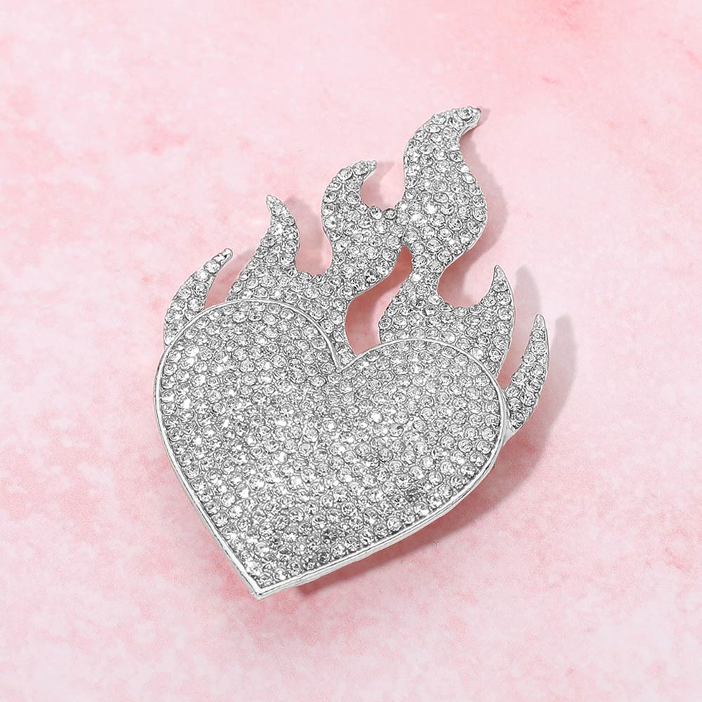 Madeline Love Clear, Silver Rhinestone Pave Flame Heart Pin Brooch - Brooches