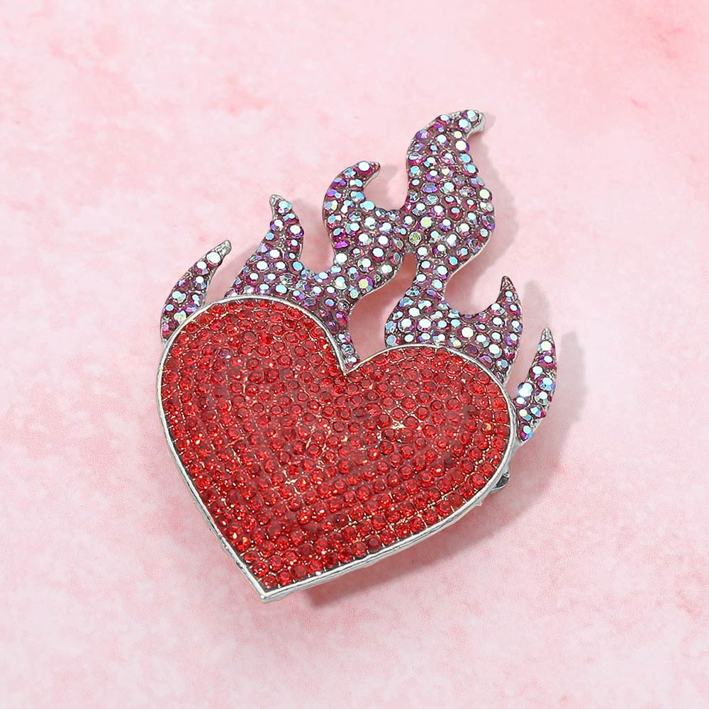 Madeline Love Red, Silver Rhinestone Pave Flame Heart Pin Brooch - Brooches