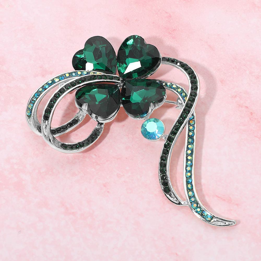 Madeline Love Emerald, Silver Clover Pin Brooch - Brooches