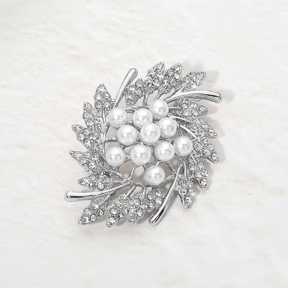 Madeline Love Silver Pearl Rhinestone Embellished Leaf Pin Brooch