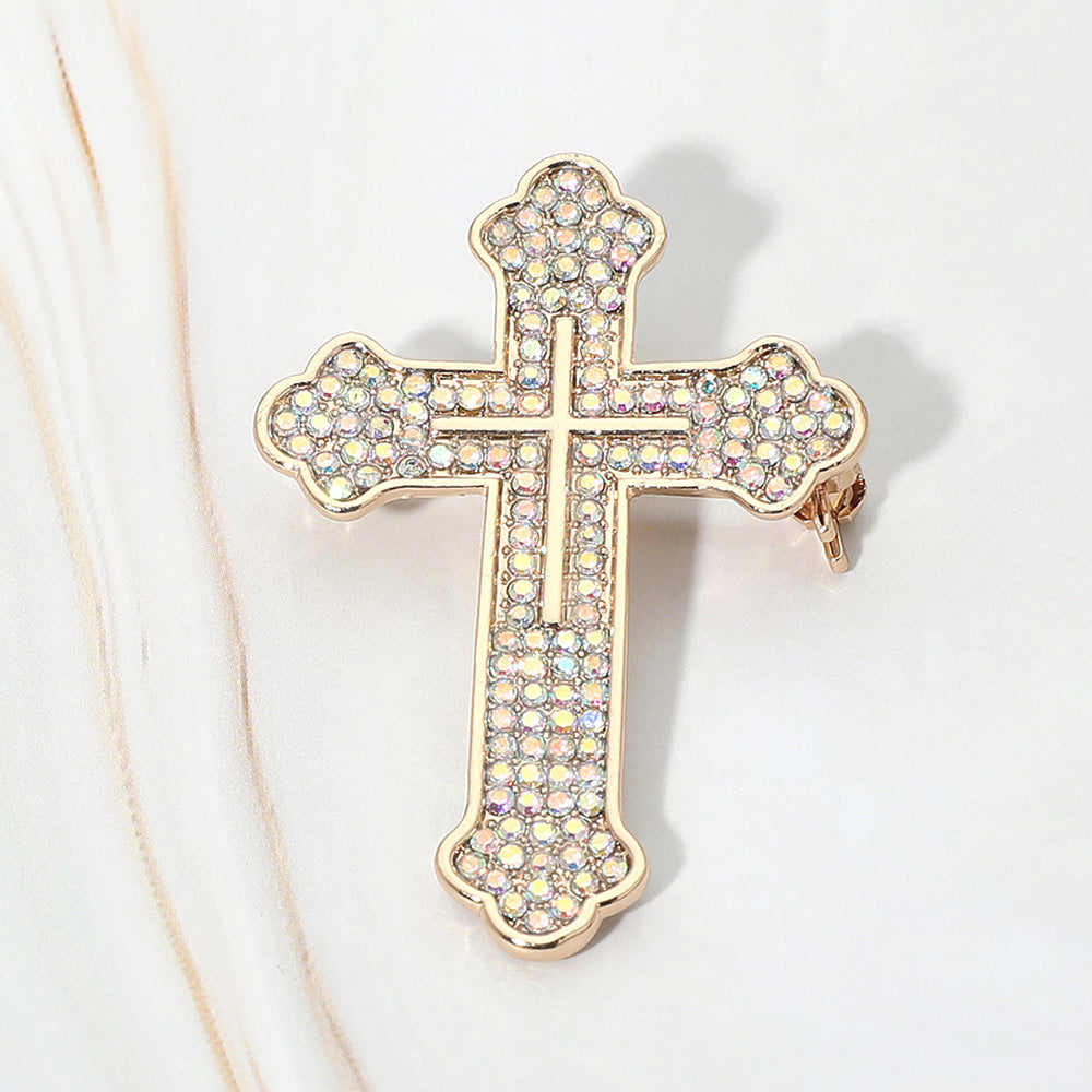 Madeline Love AB, Gold Rhinestone Pave Cross Pin Brooch