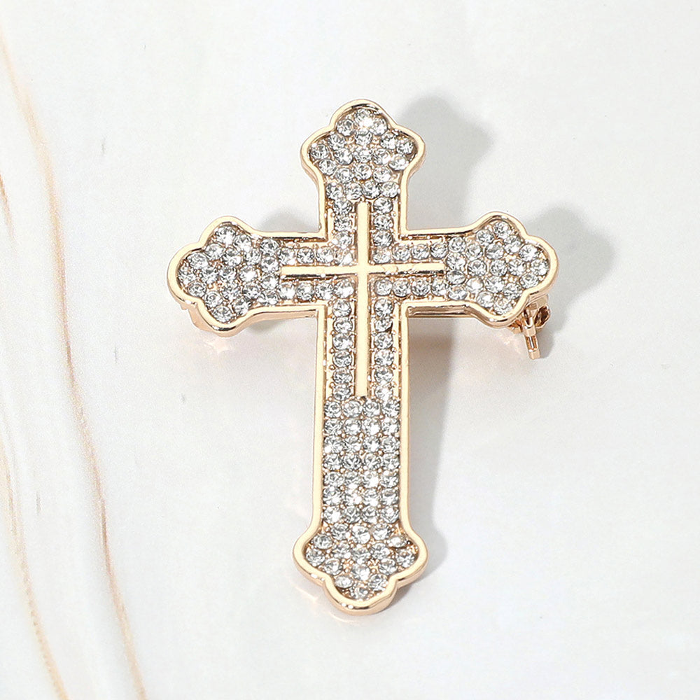 Madeline Love Clear, Gold Rhinestone Pave Cross Pin Brooch