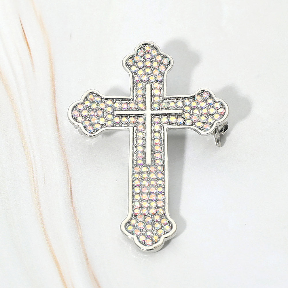 Madeline Love AB, Silver Rhinestone Pave Cross Pin Brooch