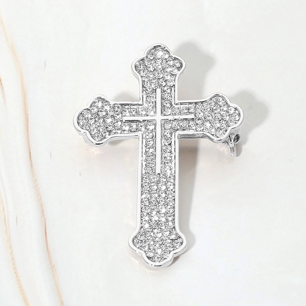 Madeline Love Clear, Silver Rhinestone Pave Cross Pin Brooch