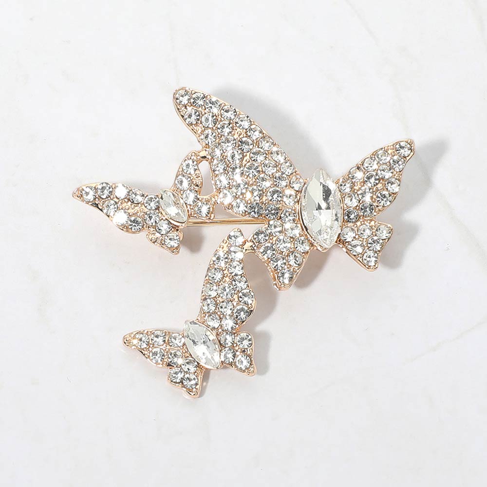 Madeline Love Clear, Gold Oval Stone Center Rhinestone Pave Triple Butterfly Pin Brooch