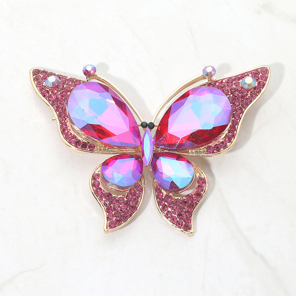 Madeline Love AB, Fuchsia Teardrop Stone Accent Rhinestone Pave Butterfly Pin Brooch