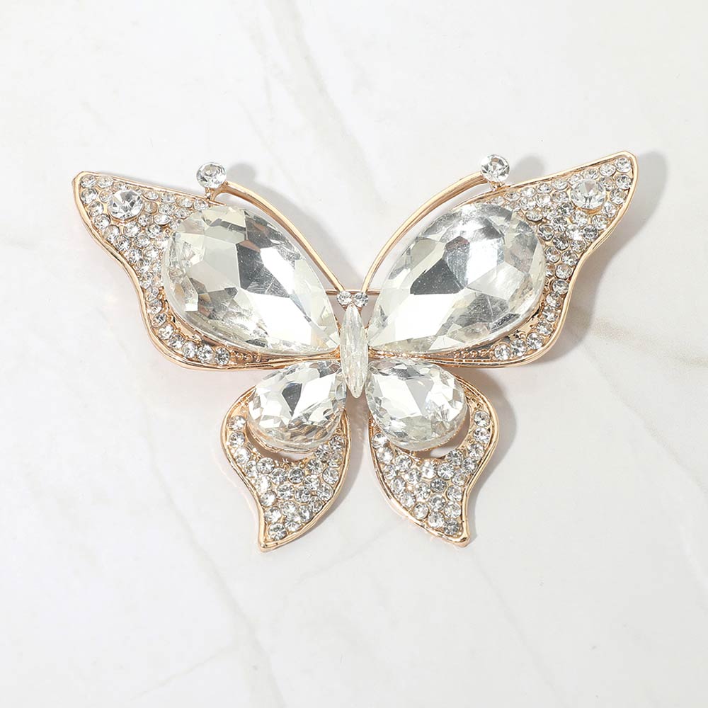 Madeline Love Clear, Gold Teardrop Stone Accent Rhinestone Pave Butterfly Pin Brooch