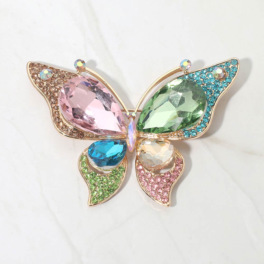 Madeline Love Light, Multi Teardrop Stone Accent Rhinestone Pave Butterfly Pin Brooch