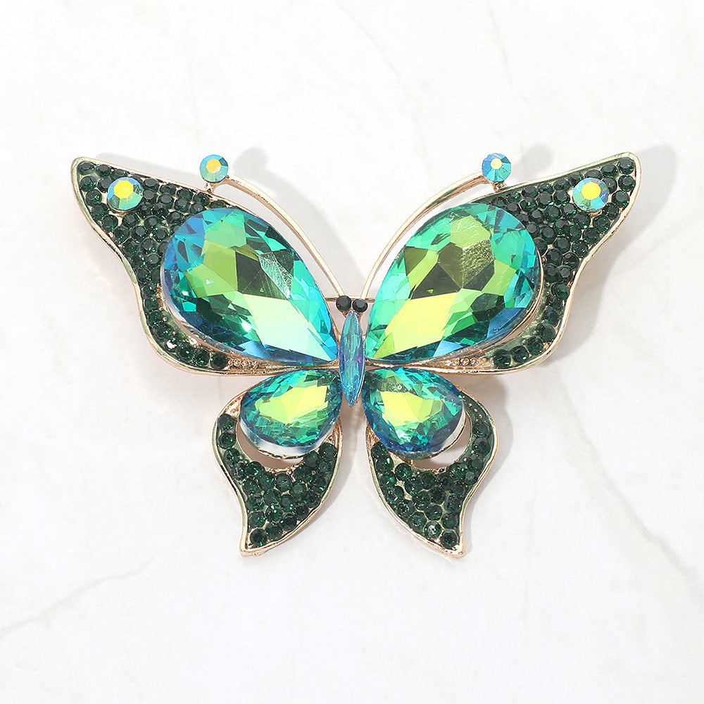 Madeline Love AB, Olive Green Teardrop Stone Accent Rhinestone Pave Butterfly Pin Brooch