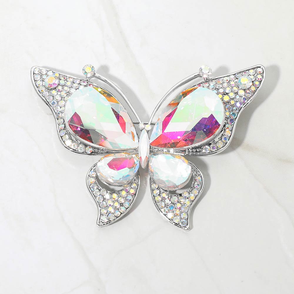 Madeline Love AB, Silver Teardrop Stone Accent Rhinestone Pave Butterfly Pin Brooch