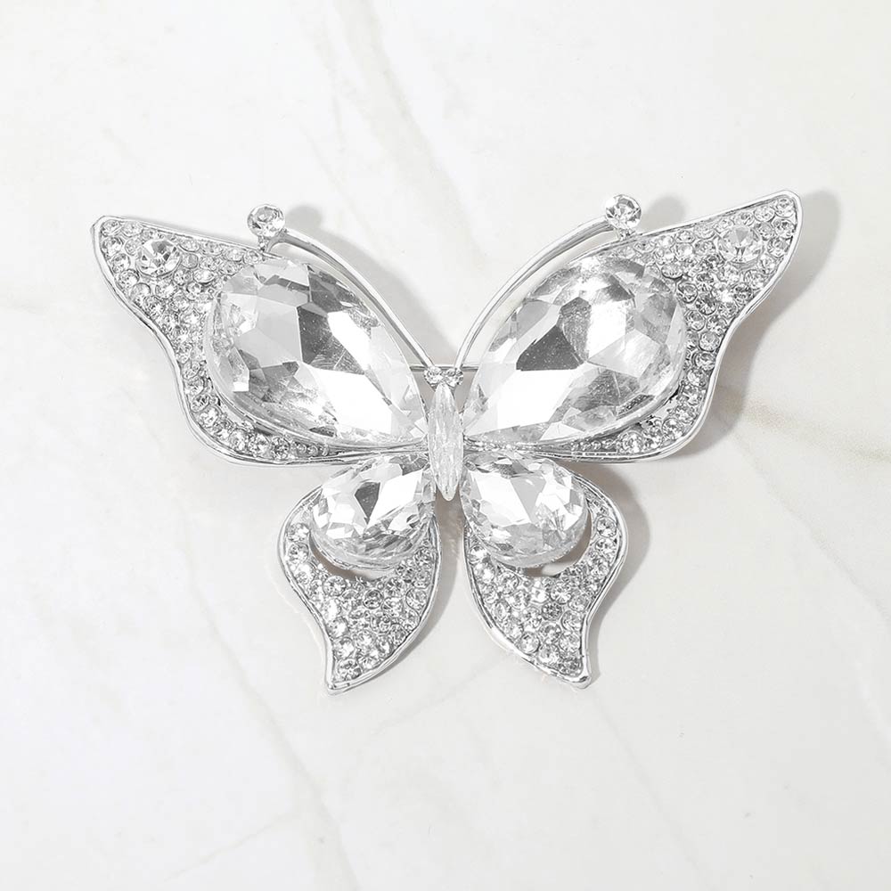 Madeline Love Clear, Silver Teardrop Stone Accent Rhinestone Pave Butterfly Pin Brooch