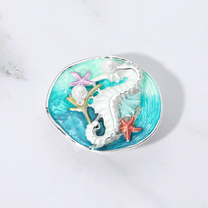 Madeline Love Teal Colored Metal Seahorse Starfish Pearl Magnetic Brooch - Brooches