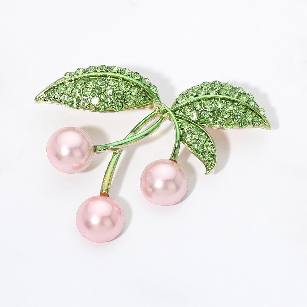 Madeline Love Gold, Pink&Green Rhinestone Pave Leaf Pearl Drop Pin Brooch