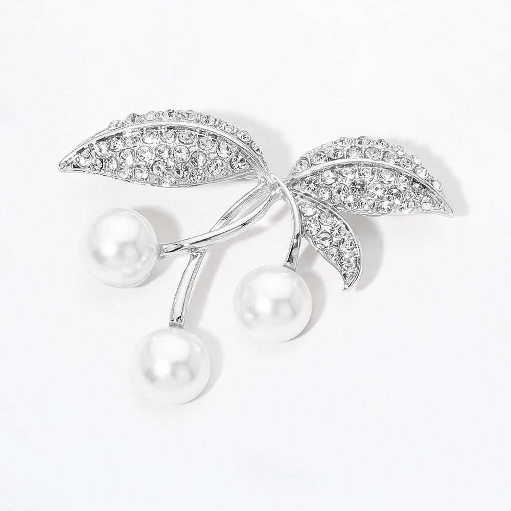 Madeline Love Rhodium, White Rhinestone Pave Leaf Pearl Drop Pin Brooch