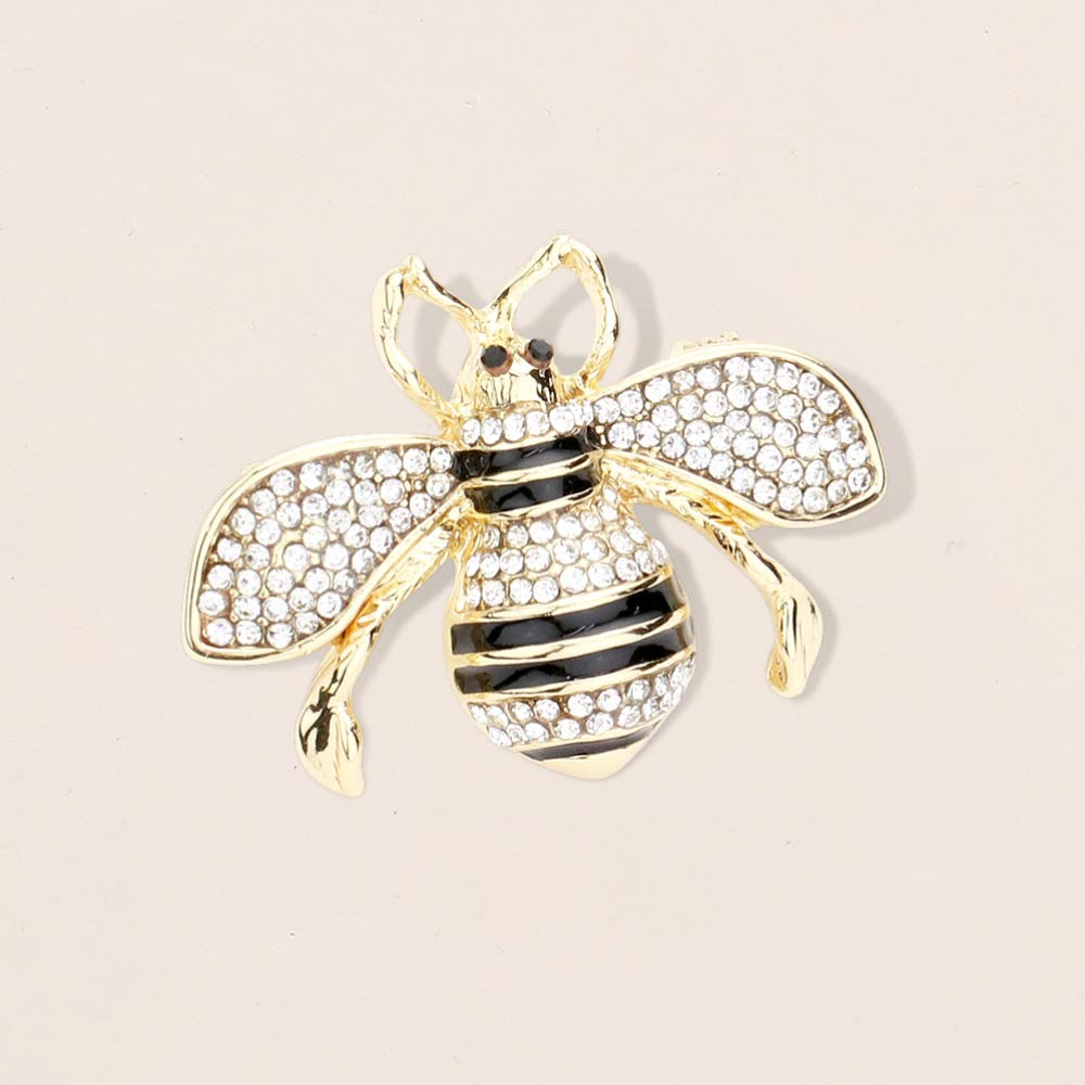 Madeline Love Clear, Gold Crystal Paved Honey Bee Pin Brooch - Brooches