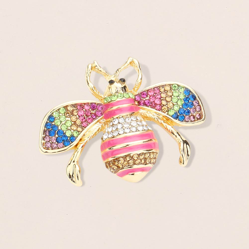 Madeline Love Gold, Light, Multi Crystal Paved Honey Bee Pin Brooch - Brooches