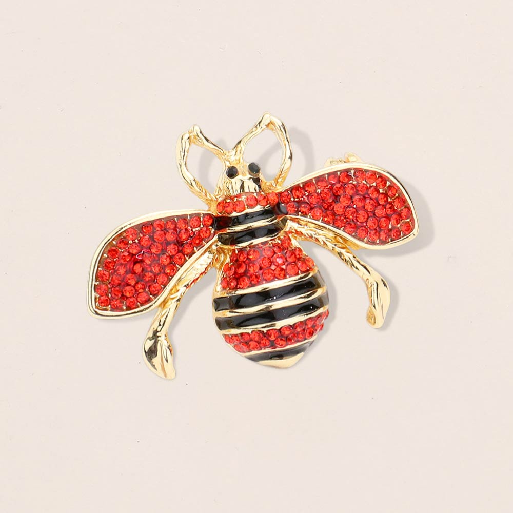 Madeline Love Gold, Red Crystal Paved Honey Bee Pin Brooch - Brooches