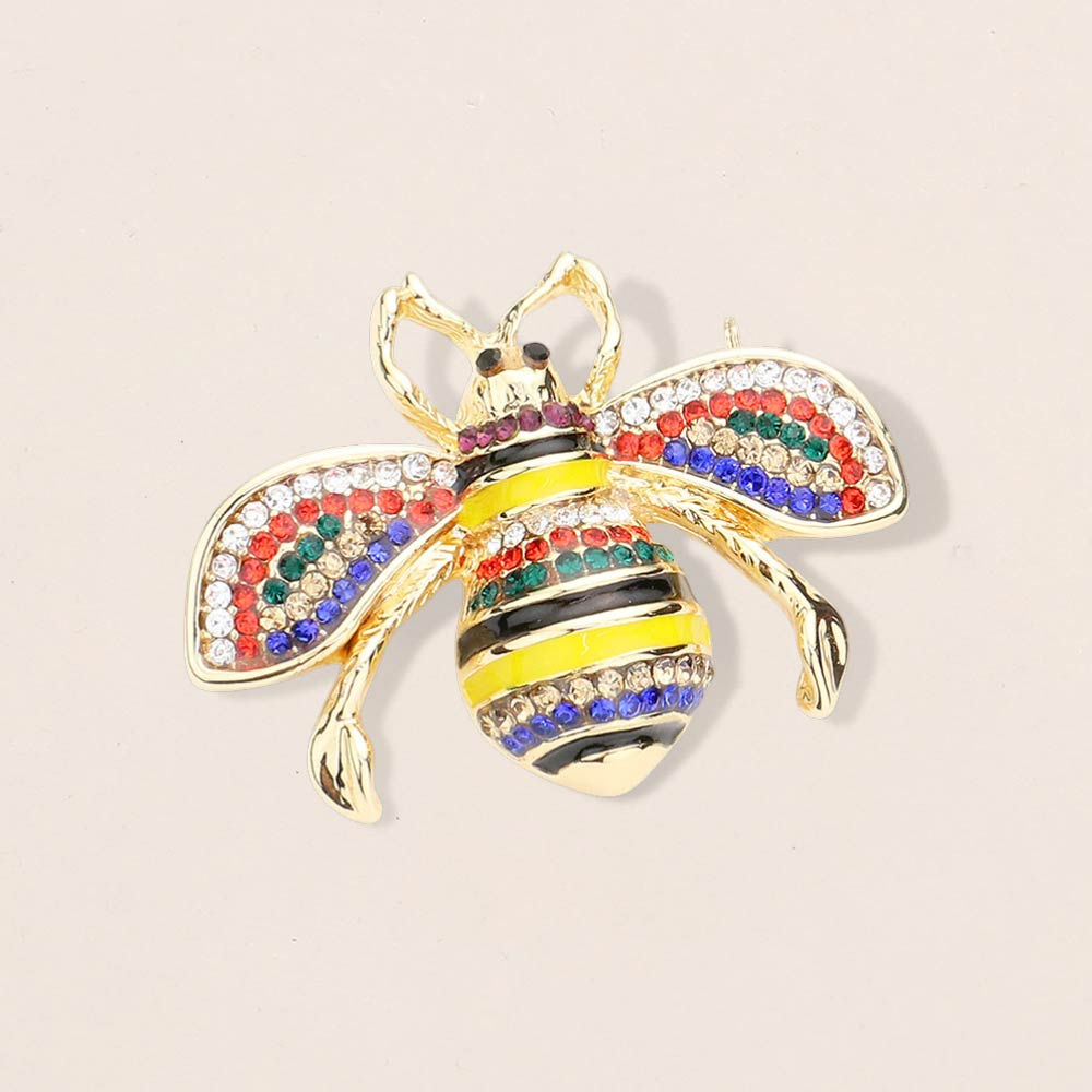 Madeline Love Gold, Multi, Rhodium Crystal Paved Honey Bee Pin Brooch - Brooches