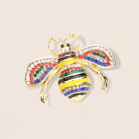 Madeline Love Gold, Multi, Rhodium Crystal Paved Honey Bee Pin Brooch - Brooches