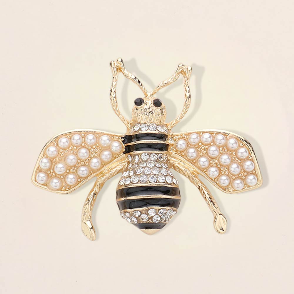 Madeline Love Cream, Gold Pearl Crystal Embellished Tiny Pearl Wing Honey Bee brooch - Brooches