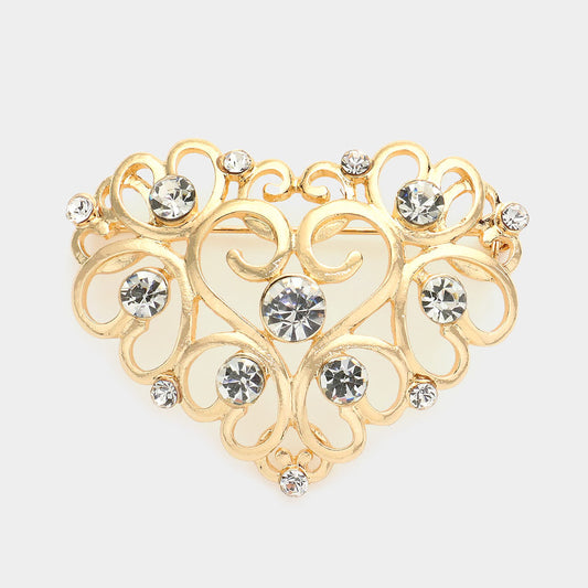 Stone Embellished Metal Heart Pin Brooch - Gold