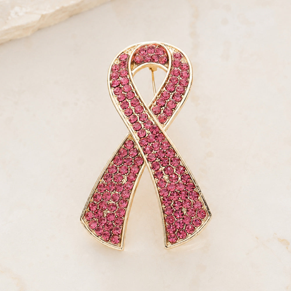 Madeline Love Gold, Pink Rhinestone Embellished Pink Ribbon Pin Brooch
