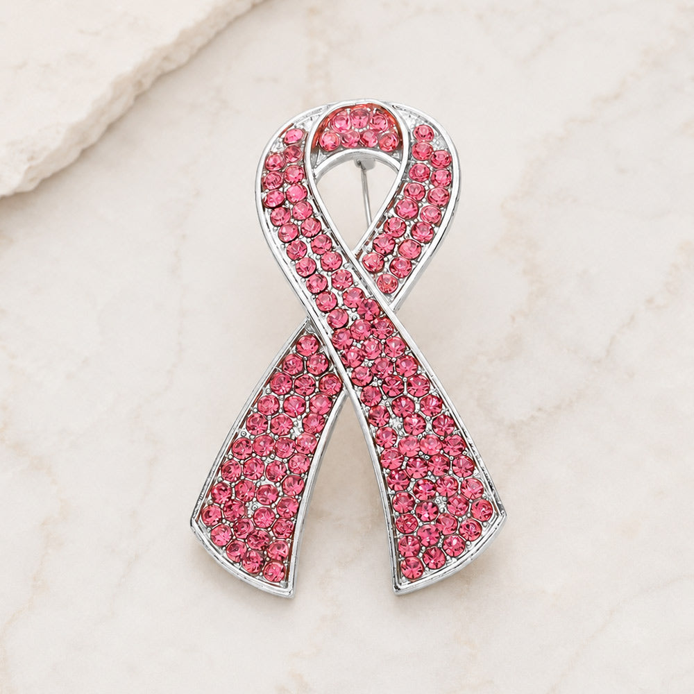 Madeline Love Pink, Rhodium Rhinestone Embellished Pink Ribbon Pin Brooch