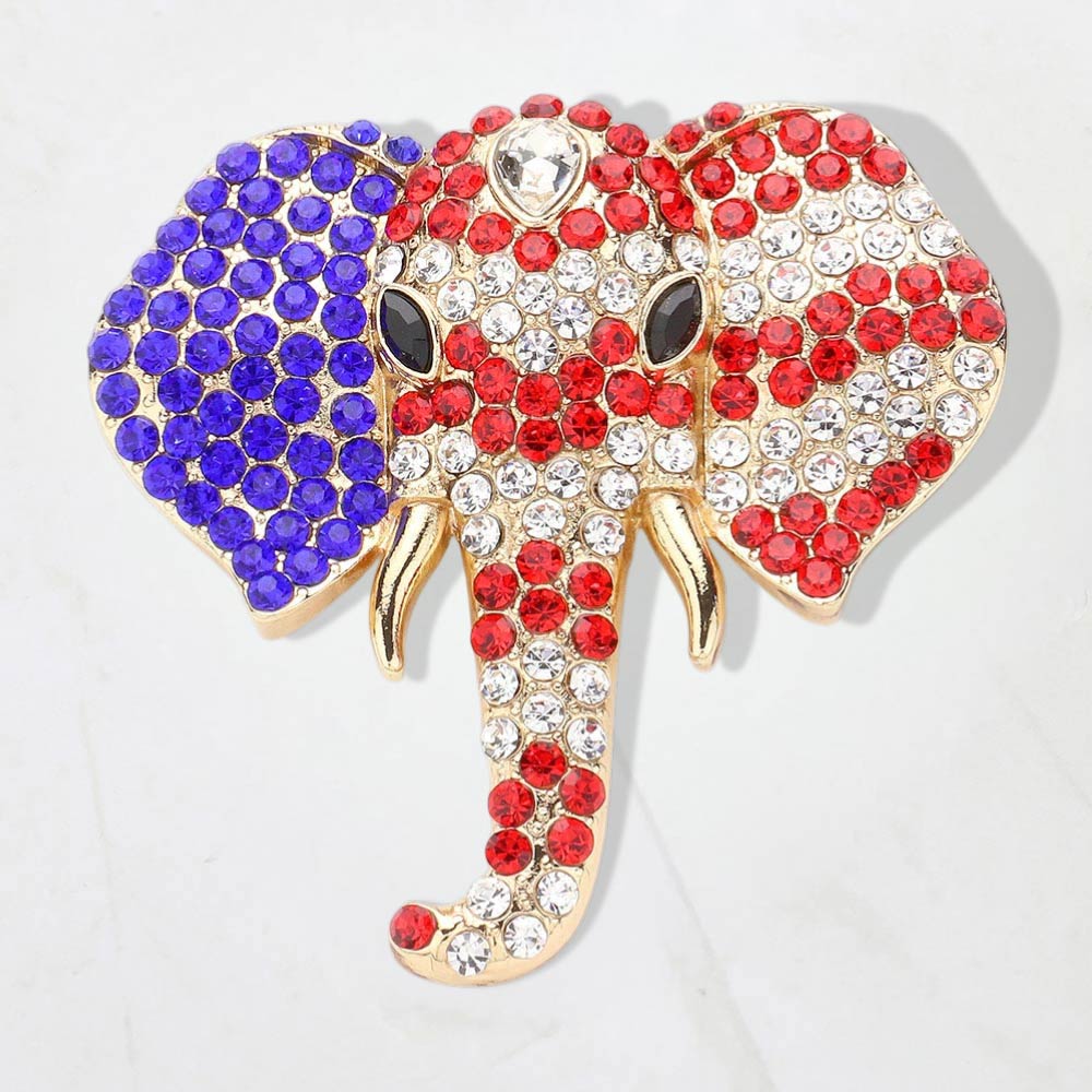 Madeline Love Gold, Multi American USA Rhinestone Pave Elephant Pin Brooch - Brooches