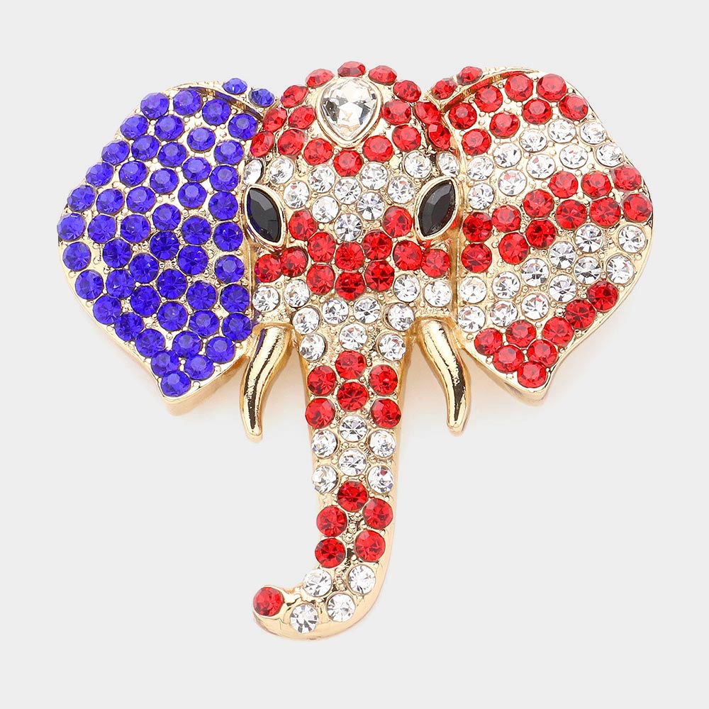 Madeline Love Gold, Multi American USA Rhinestone Pave Elephant Pin Brooch - Brooches - extra