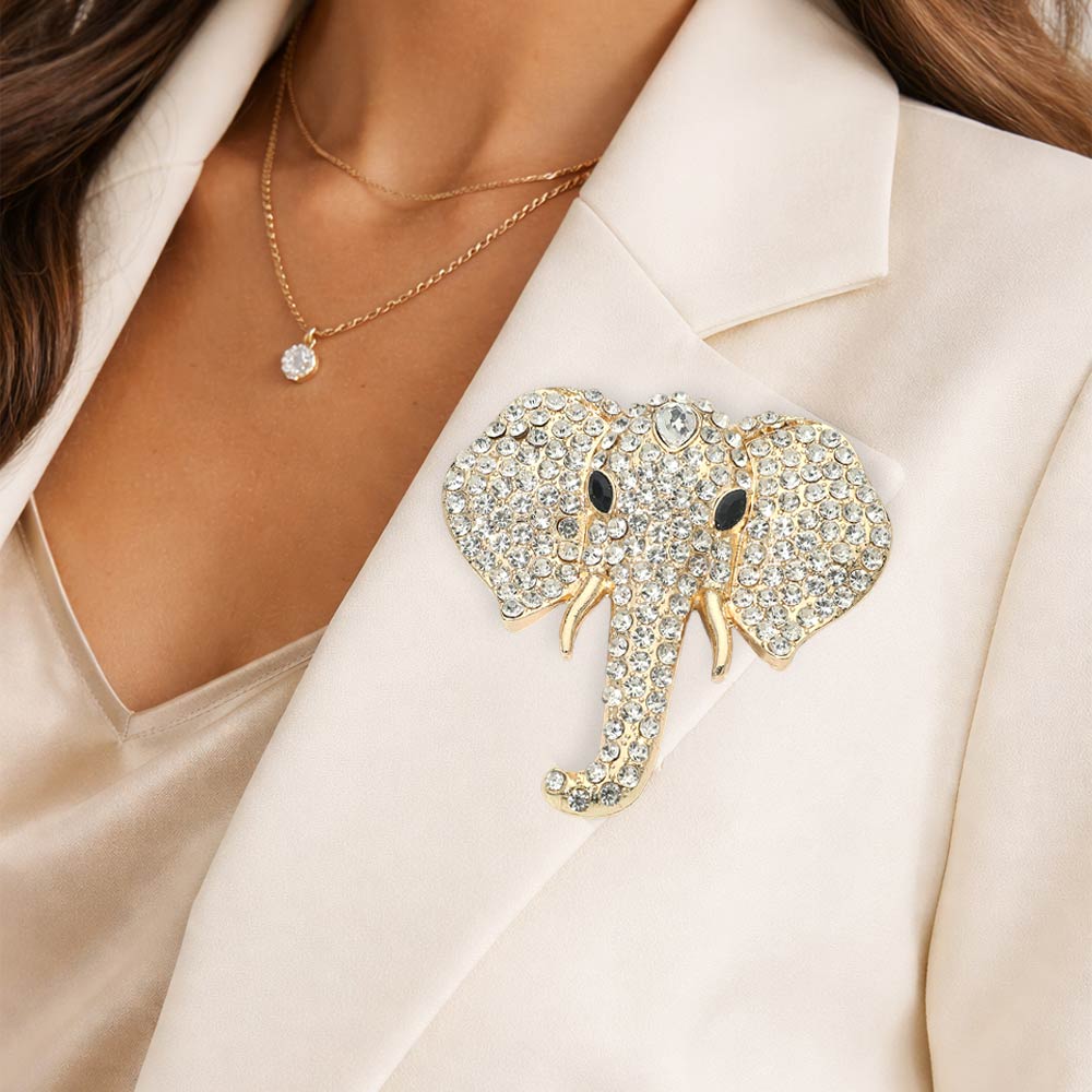 Madeline Love Clear, Gold Rhinestone Pave Elephant Pin Brooch - Brooches