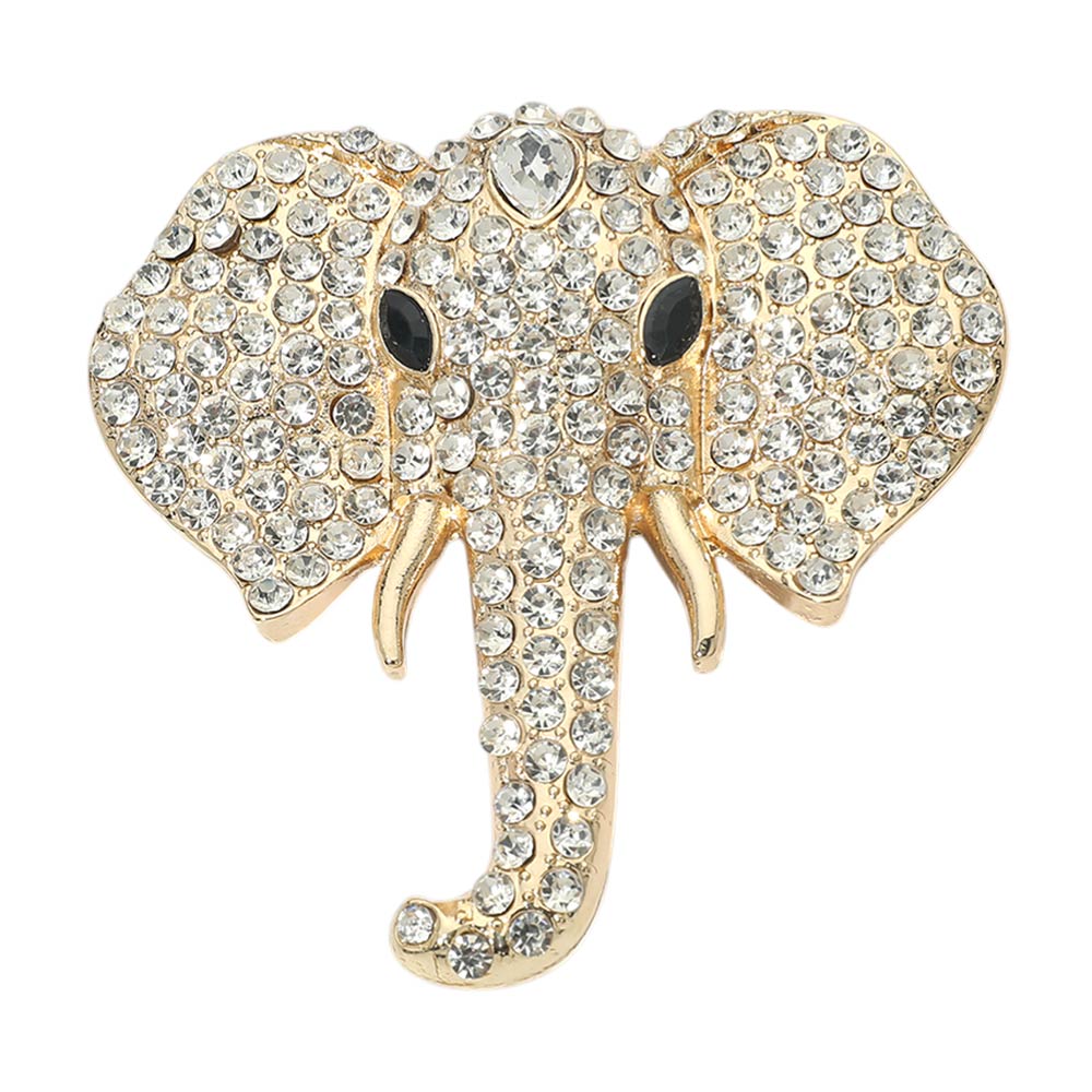 Madeline Love Clear, Gold Rhinestone Pave Elephant Pin Brooch - Brooches - extra