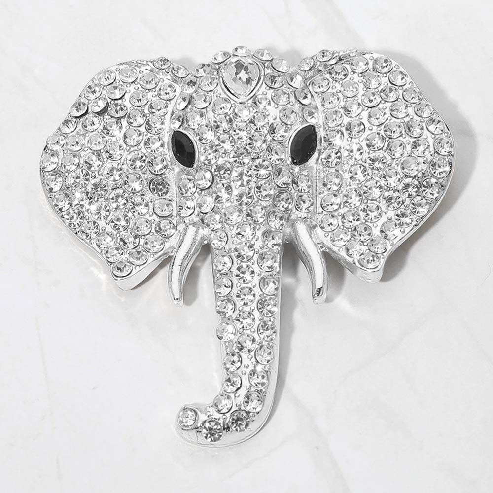 Madeline Love Clear, Rhodium Rhinestone Pave Elephant Pin Brooch - Brooches
