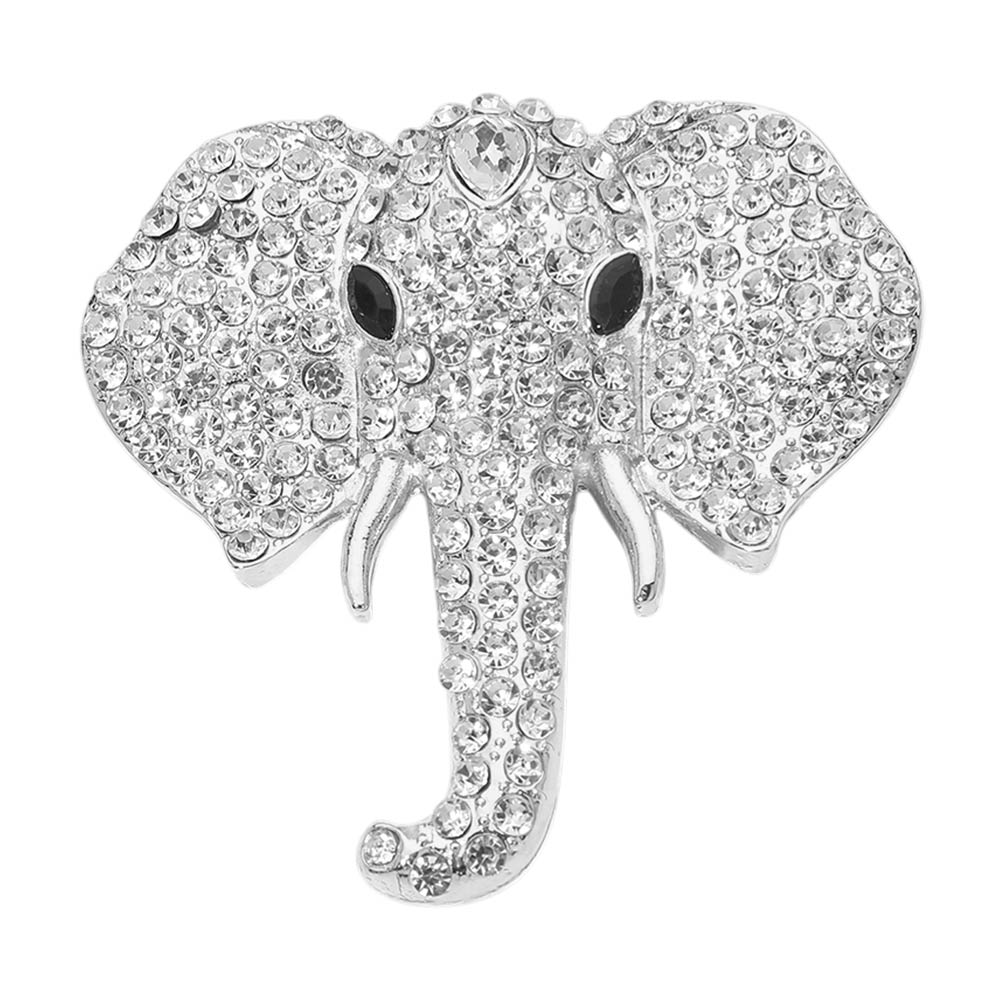 Madeline Love Clear, Rhodium Rhinestone Pave Elephant Pin Brooch - Brooches - desc