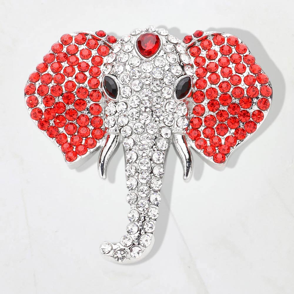 Madeline Love Clear, Gold, Red Rhinestone Pave Elephant Pin Brooch - Brooches
