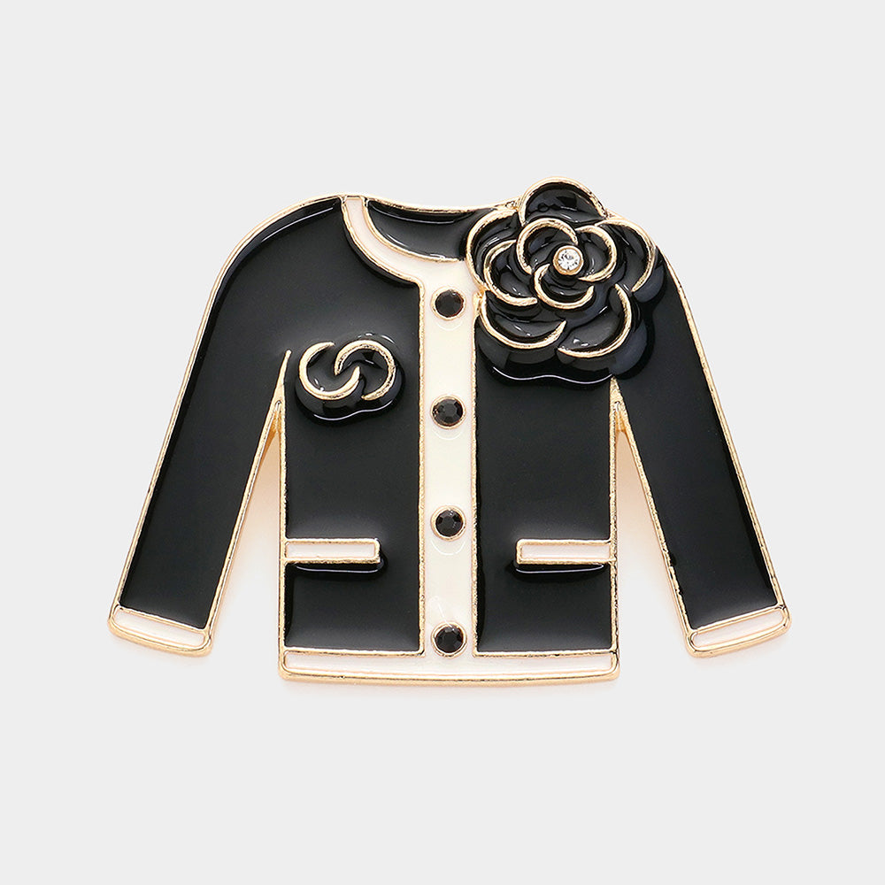 Madeline Love Black, Gold Enamel Flower Jacket Pin Brooch - Brooches