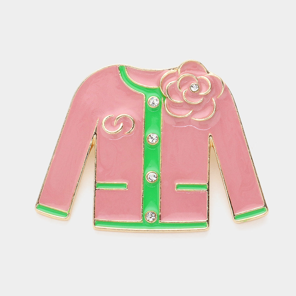 Madeline Love Gold, Pink Enamel Flower Pointed Jacket Pin Brooch - Brooches