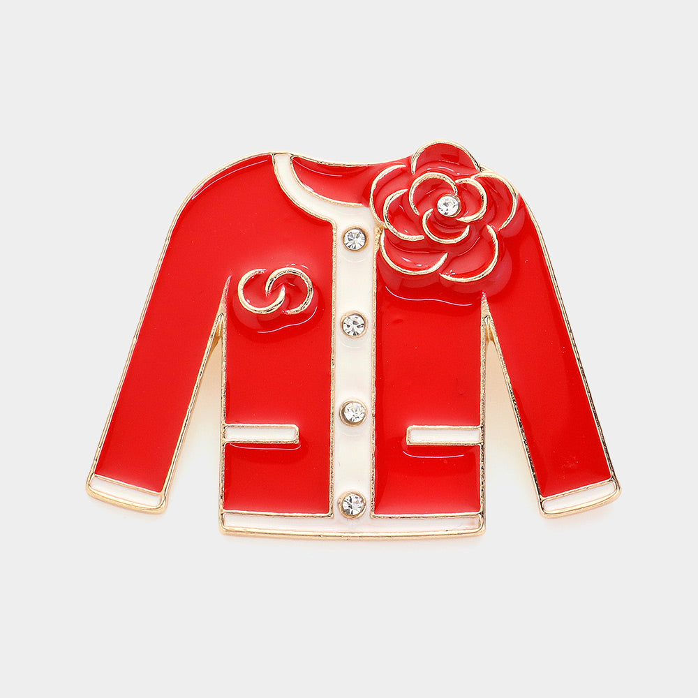 Madeline Love Gold, Red Enamel Flower Jacket Pin Brooch - Brooches