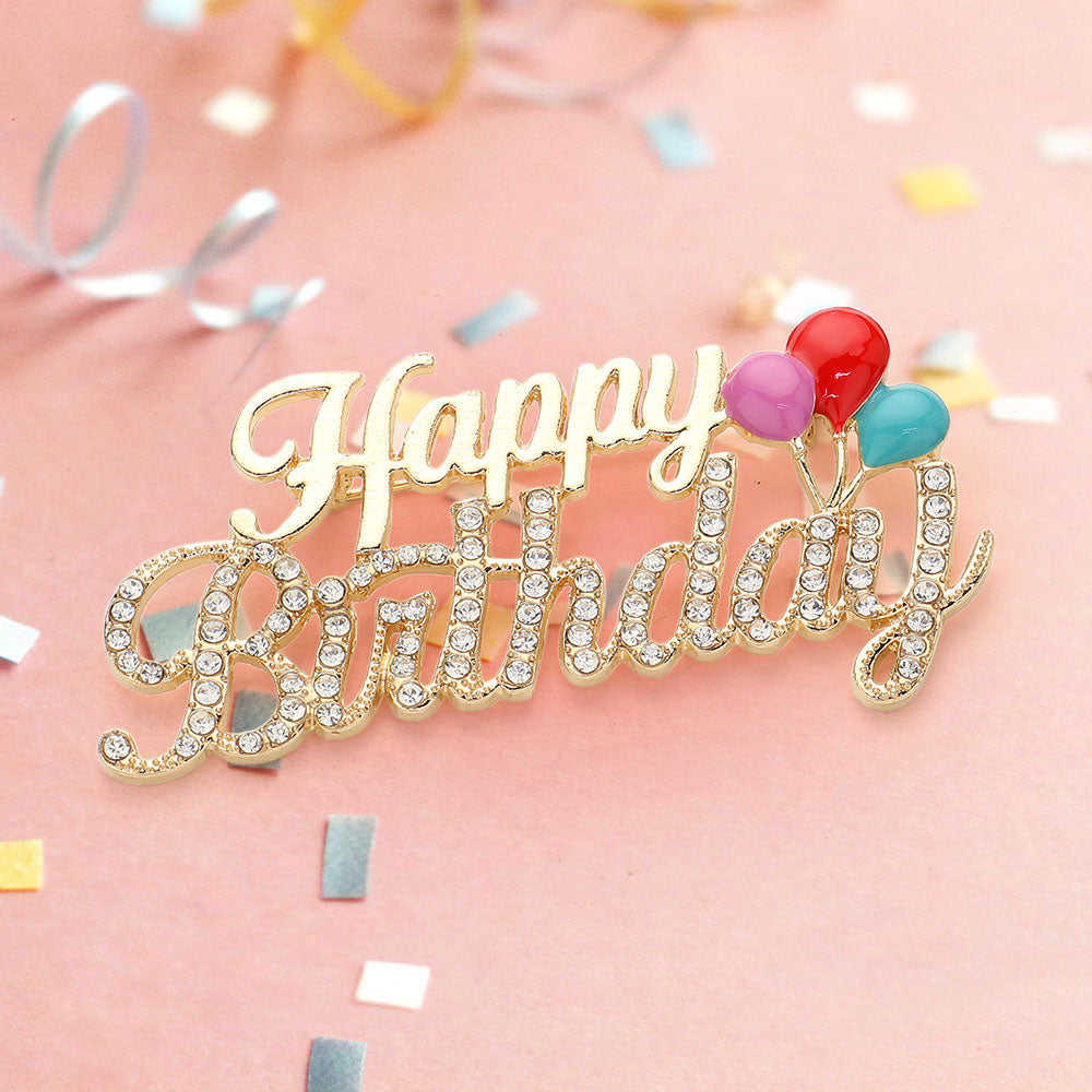 Madeline Love Clear, Gold Stone Paved Happy Birthday Message Pin Brooch - Brooches